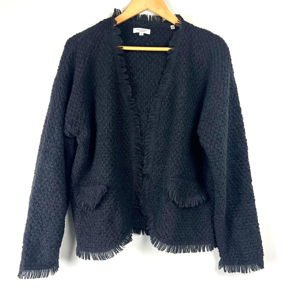 Max Studio Black Boucle Fringe Open Front Cardigan Jacket Womens M Quiet Luxury